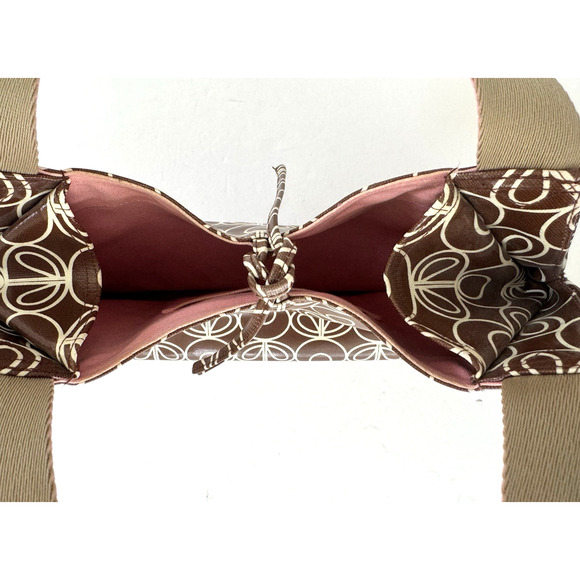 Orla Kiely Tote Bag Brown Cream Print Coated Canvas Pink Canvas-Leather Handles - Picture 7 of 10